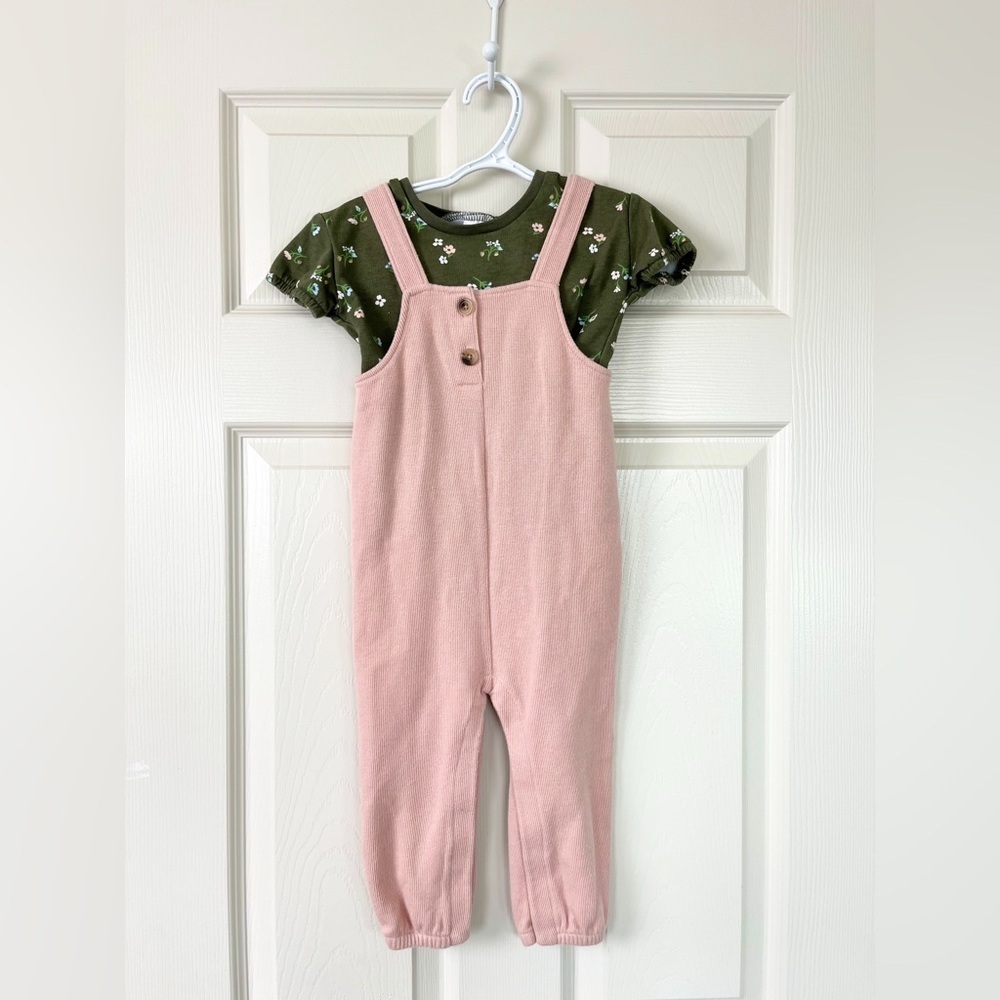 Old Navy Knit Pink Kids Overalls & Carters Green Floral Ruffle‎ Top